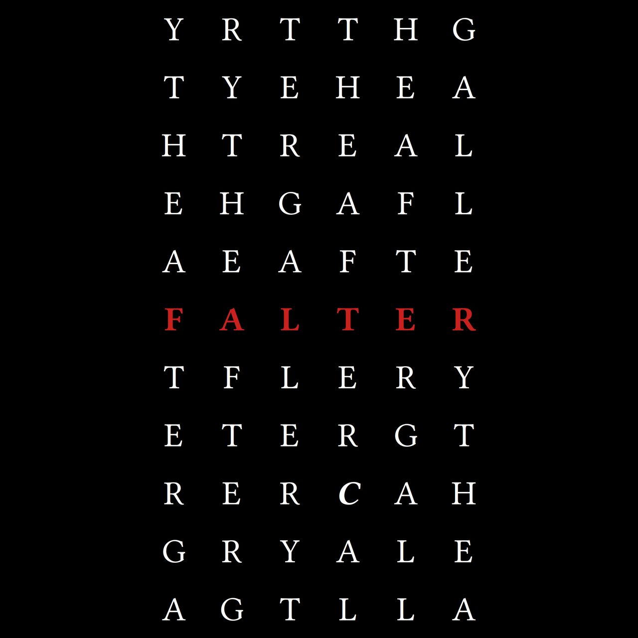 A series of capital letters which repeatedly spell "The After Gallery" vertically such that the word "Falter" is spelt horizontally in red text using a subset of the same letters.