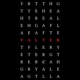 A series of capital letters which repeatedly spell "The After Gallery" vertically such that the word "Falter" is spelt horizontally in red text using a subset of the same letters.