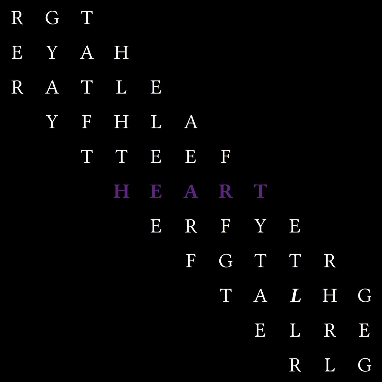 A series of capital letters which repeatedly spell "The After Gallery" diagonally such that the word "Heart" is spelt horizontally in purple text using a subset of the same letters.