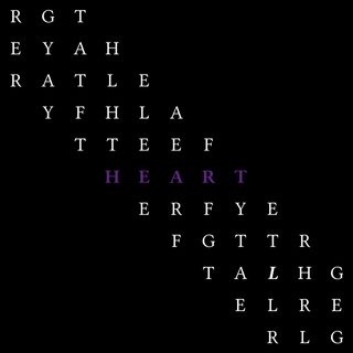 A series of capital letters which repeatedly spell "The After Gallery" diagonally such that the word "Heart" is spelt horizontally in purple text using a subset of the same letters.